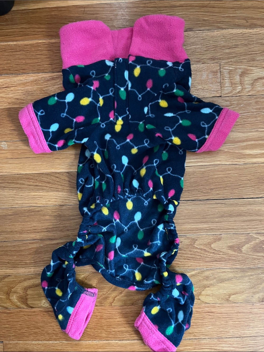 Dog pajamas fleece one piece navy holiday lights M
